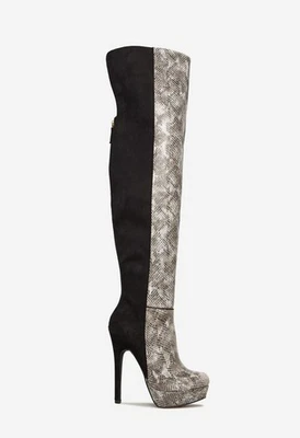 Tasia by SHOEDAZZLE, Black snake faux leather/suede 5.5" heel thigh boots SZ 7.5 - Image 1 of 4