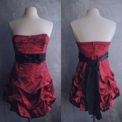 RUBY ROX Red Satin Bubble Hem Mini Dress Juniors Size 9 Bow Waist Floral Gothic - Image 1 of 4