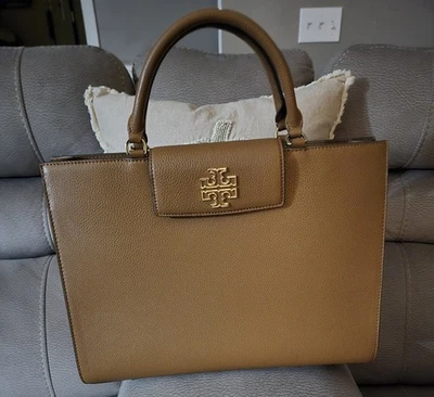 Tory Burch Britten Pebbled Leather Tote, Brown, Large - Image 1 of 4