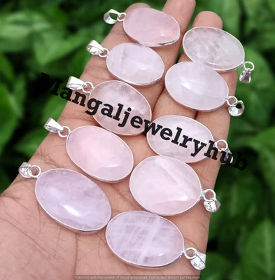 Buy Natural Rose Quartz Gemstone Pendants 925 Sterling Silver Plated Lot Jewelry - Image 1 of 4