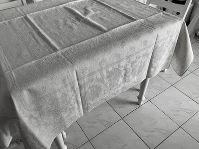 linge ancien Nappe DE MARIAGE En Damassé De Soie Lin  BI Monogramme J A - Photo 1/4