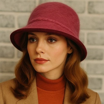 Vintage 70s Kangol Angora Fuzzy Hat Dark Pink w/ Burgundy Trim Cloche England - Image 1 of 4