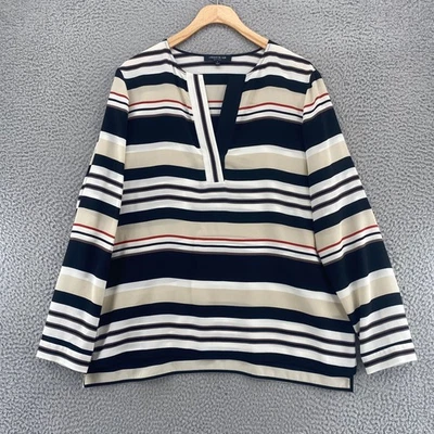 Lafayette 148 New York Top Womens Large Ivory Striped Silk V Neck Long Sleeves - Image 1 of 4
