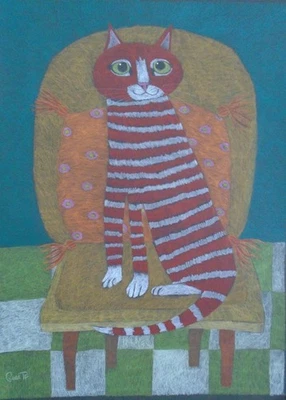 Cats Ollietuxedo Original 18x24 inch Red Cat in Chair Drawing on Canson Paper - Image 1 of 4
