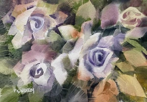 5x7 Pamela Wilhelm Original Aquarell Soft Focus Rosen rosa hellgrün - Bild 1 von 1