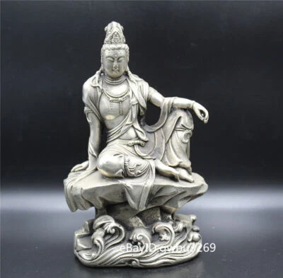 Китайский старый Тибет серебро ручной резьбы Бодхисаттва Гуаньинь статуя w Qianlong 21717 - Изображение 1 из 4