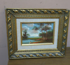 VINTAGE SIGNED CANTRELL OIL ON BOARD BY THE LAKE LANDSCAPE PAINTING FRAMED 5"X7"