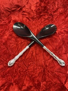 Towle 12” Silver plated Handles SALAD SERVERS SET Black plastic Baroness 1960’s - Picture 1 of 4