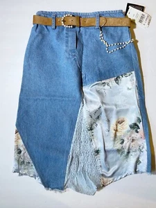 Amy Byer Denim Rose Patchwork Skirt with Belt Girl Size XL (16) NEW - Picture 1 of 9