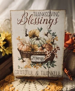 Thanksgiving Blessings, Grateful & Thankful, Pumpkins  Handcrafted CANVAS  Sign - Picture 1 of 4