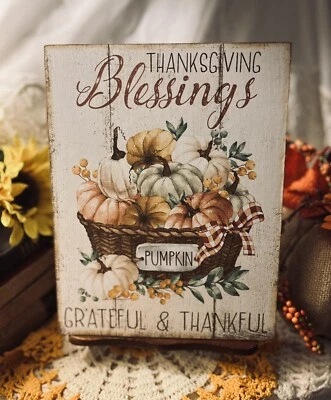 Thanksgiving Blessings, Grateful & Thankful, Pumpkins  Handcrafted CANVAS  Sign - Image 1 of 4