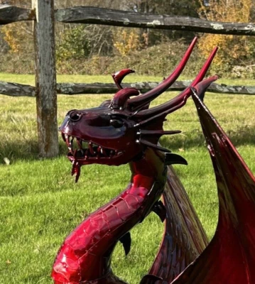 LARGE DRAGON Sculpture  Handcrafted Flame Red Coloured Metalwork. - Image 1 of 4
