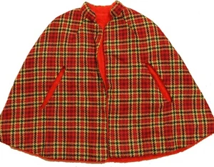 Vintage 1960s 1970s Girl's Hand Made Fleece Lined Plaid Cape Poncho Size 6-8? - Picture 1 of 6