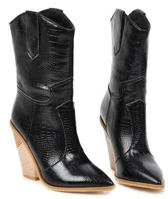 Botas de vaquero para mujer Botas de media pantorrilla Punta puntiaguda Tacones en bloque Botas Foto 1 de 4