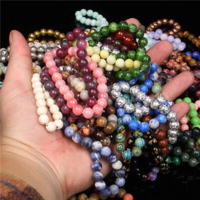 Wholesale Lots 15 Pcs Mix 4/6/8/10mm Natural Stone Elasctic Rope Beaded Bracelet - Image 1 of 4