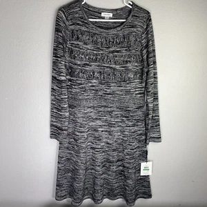 Calvin Klein Dress Size L Black Gray Striped Sweater Knee Length Long Sleeve - Picture 1 of 12