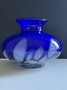Vintage Art Glass Vase Poland Hand Blown Blue White Cased Glass Tarnowiec 8”D - Picture 1 of 18