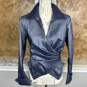 Tadashi Blouse Size 8 Satin Faux Wrap Draped Collar Full Zip Back Evening Purple - Picture 1 of 9
