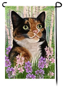 Spring Flowers Garden Flag - Tortoiseshell Tuxedo Cat - Picture 1 of 1