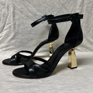 Antonio Melani Heel Sandals 8M Black Leather Gold Tone Heel New $110 - Picture 1 of 10
