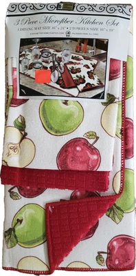 Juego de cocina de 3 piezas: tapete de secado (16"x24") y juego de 2 toallas, manzanas rojas y verdes, sujetador Foto 1 de 4