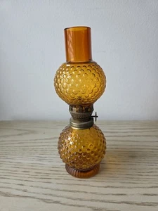 Vintage Small Hobnail Amber Depression Glass Oil Lamp W/ Chimney Globe 8" - Picture 1 of 5