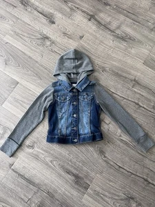 MUDD Mädchen Größe 10 blau grau Denim Jeansjacke Mantel Knopfleiste mit Kapuze - Bild 1 von 3
