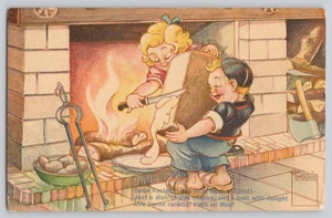 Swiss Comic Postcard Minouvis No 117 Raclette Kitchen Scene Children Cooking - Picture 1 of 3