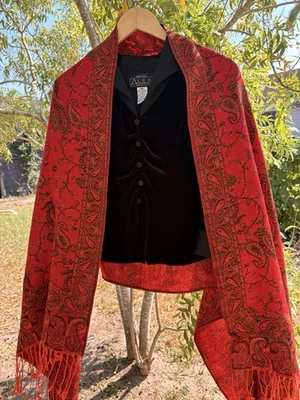 Pashmina Cachemira Bufanda Abrigo Chal Rojo Y Granate Estampado Paisley Flecos Foto 1 de 4