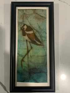 Original Batik Textile Art Shorebird Hand Dyed Silk Coastal Modern Framed 9x4.5 - Picture 1 of 4
