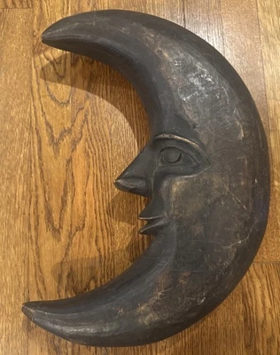 Molde grande antiguo de papel maché de madera tallada en luna de arte popular Foto 1 de 4