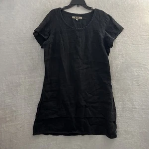 Flax Womans Shirt Dress Black Small Solid Linen Short Sleeve Round Neck Pullover - Picture 1 of 9