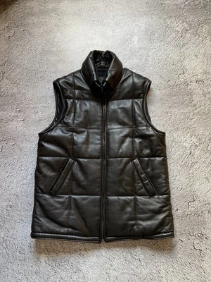 Rare Vintage Schott Style Leather Puffer Plaid Biker Western Vest Oversized 90S - Image 1 of 4