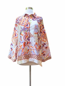 ZARA Top Button Down Satiny Ivory Orange Purple Loose Baggy Lightweight LARGE - Picture 1 of 9
