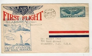 1939 TRANS ATLANTIC AIRMAIL FLIGHT NY TO MARSEILLE FRANCE C24 DUAL CACHET ENV. - Picture 1 of 2