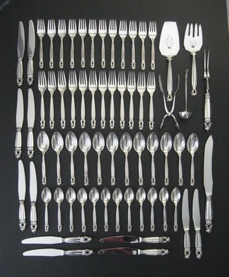 GEORG JENSEN "Bellota" Plata de Ley, 12 Ajustes de Lugar con 6 Piezas para Servir Foto 1 de 4