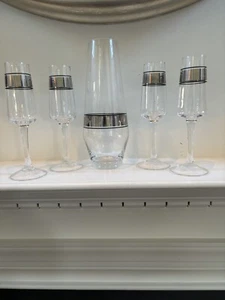 Retro MCM Dorothy Thorpe Style Wine Decanter w/ 4 Wine Glasses Silver Bar Set - Picture 1 of 22