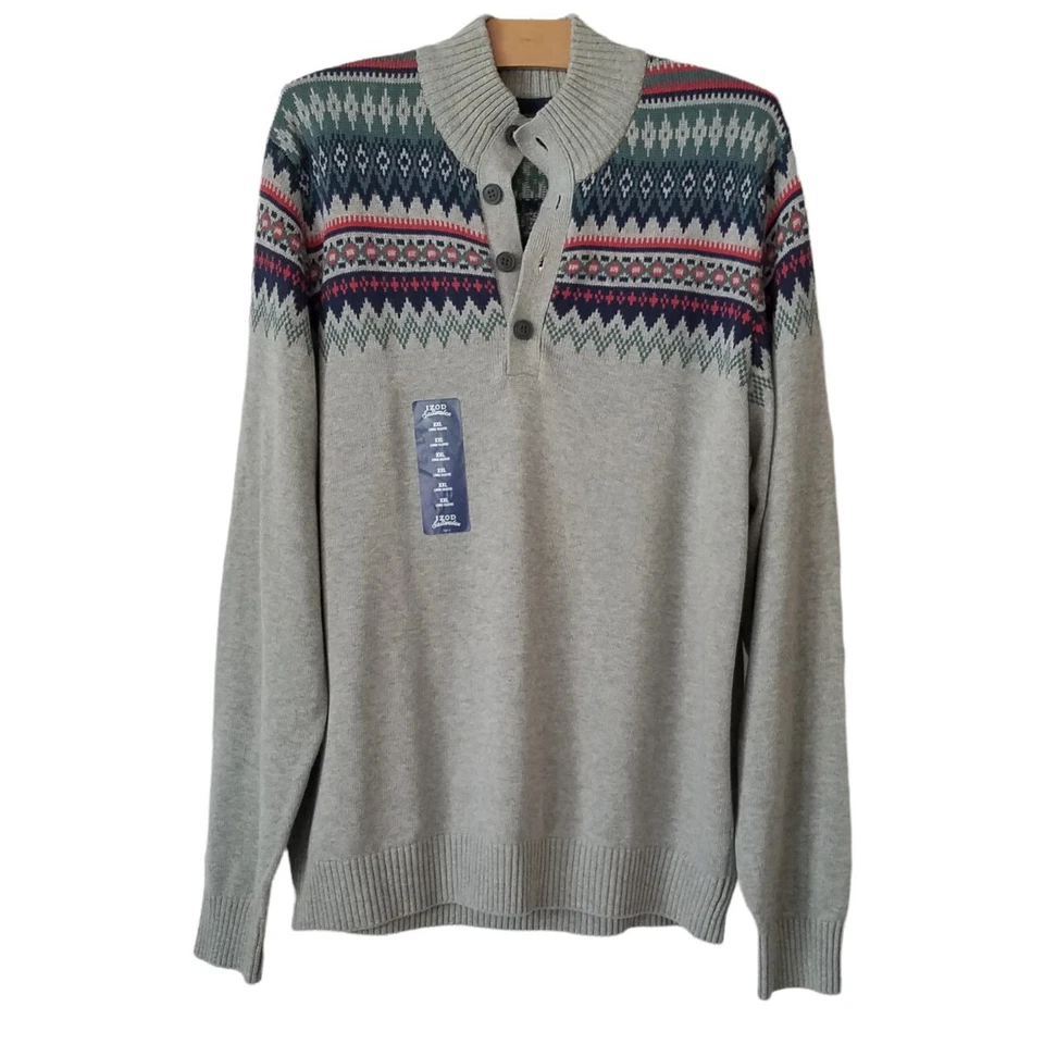Izod Men's XXL Saltwater Harbor Fairisle Sweater Henley Neck Gray
