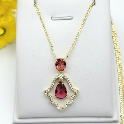 14K vergoldet Hamsa Fatima Hand dunkelrosa rot CZ bewegliche Charm Halskette - Bild 1 von 4