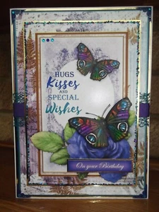 HANDMADE VINTAGE MIX MEDIA BIRTHDAY CARD WITH PEACOCK COLOURED BUTTERFLIES - Picture 1 of 4