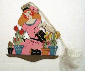 Gardener Art Deco Bridge Tally w/ Girl Watering Tulips & Daffodils *   - Picture 1 of 5