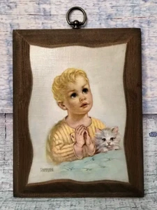 Florence Kroger Boy Praying With Kitten Vtg Art Print on wood 9.5" x 7.25" x .5" - Picture 1 of 16