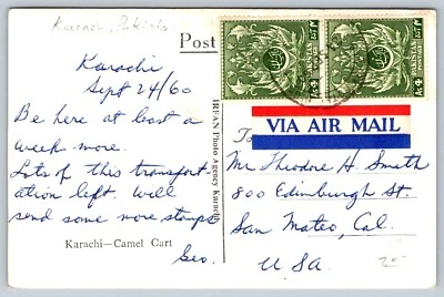 Karachi Pakistan 1960 SON Cancel Via Air Mail to USA Camel Cart RPPC Postcard - Image 1 of 3
