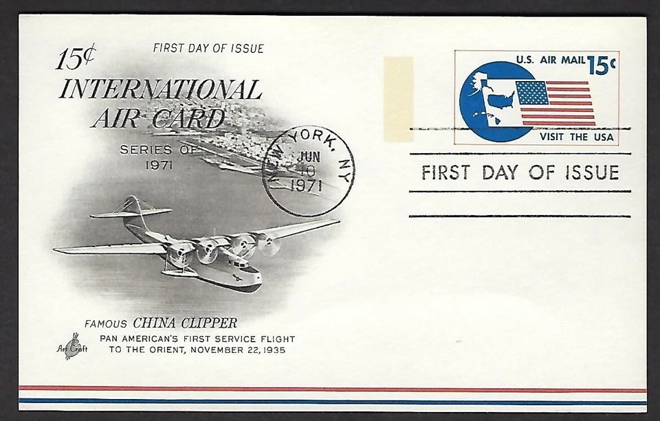 UXC11 Post Card, Art Craft FDC  - 15-cent International Air Mail - Flag - Image 1 of 1