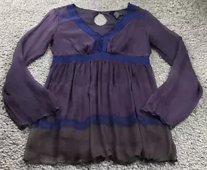 Quo-Ta-Tion Women Silk Tunic Top Sz M Purple Smocked Pleated Long Sleeve Lined - Picture 1 of 10