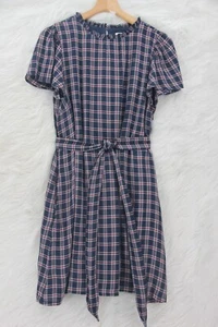 LOFT Women's Short Sleeve Blue Red Plaid Short Belted Lightweight Dress L # 1491 - Picture 1 of 18
