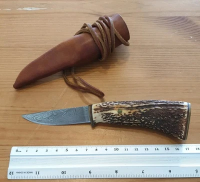 Altes Damast Jagdmesser MK Handmade Hirschhorn Scheide Taschenmesser Sammlung  - Bild 1 von 4