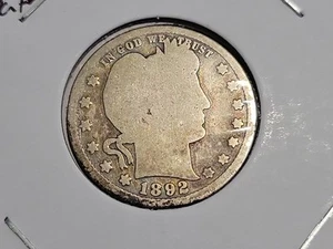 Moneda de 25 centavos de plata S 1892 cuarto de barbero moneda de veinticinco centavos fecha dura - Imagen 1 de 2