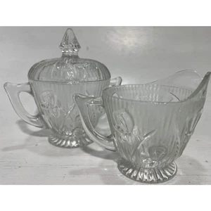 Jeannette “Iris & Herringbone” Crystal Creamer Lidded Sugar, Footed Glass Set - Picture 1 of 10