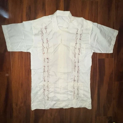 Vintage 70s 80s Floral Mexican Guayabera Shirt Sz 42  Embroidered Long Sleeve  - Image 1 of 4